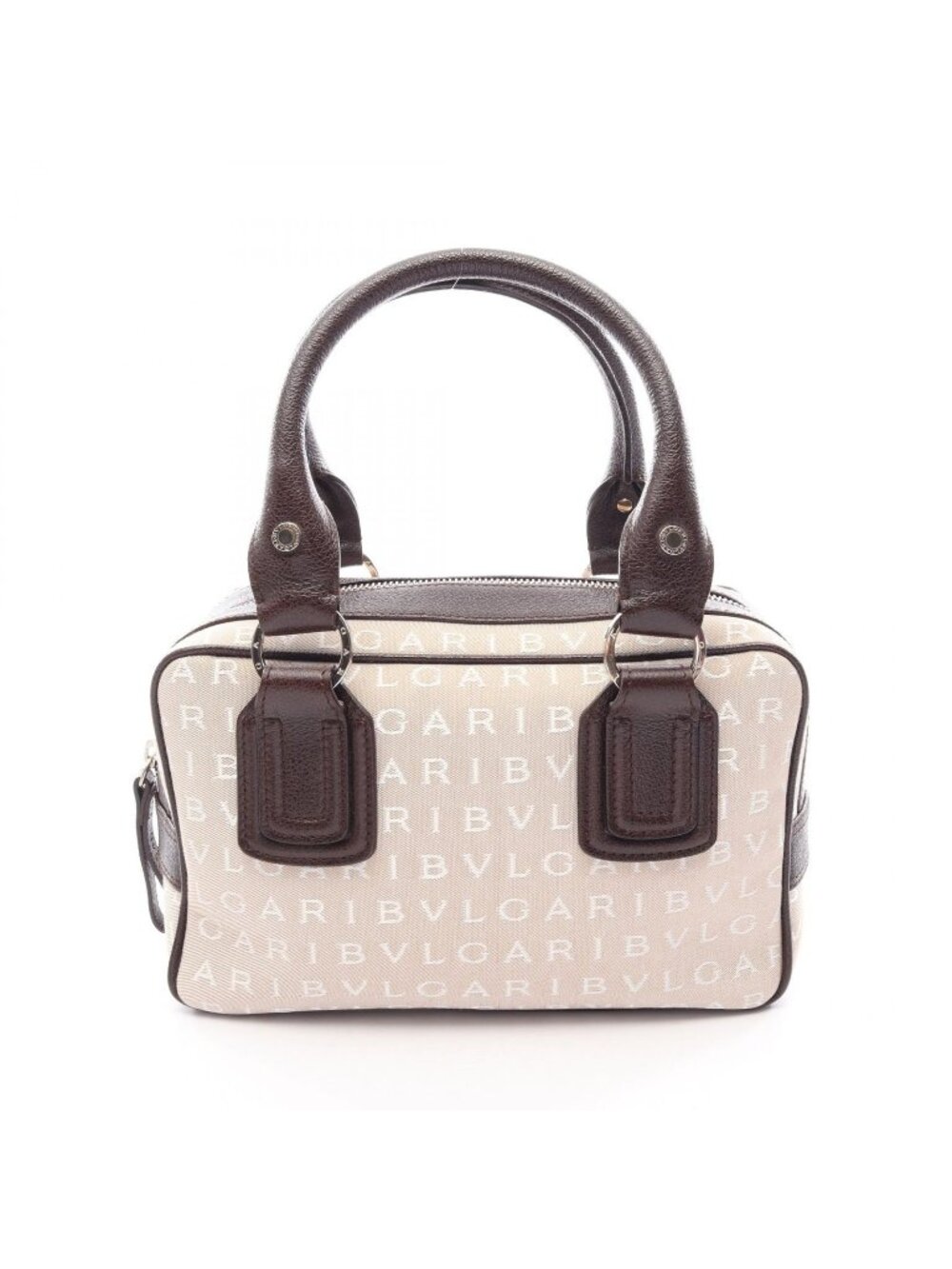 Bvlgari Logomania Beige Dark Brown Canvas Leather Boston Bag